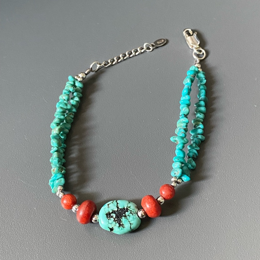 Turquoise and Red Coral Sterling Silver Beaded Bracelet